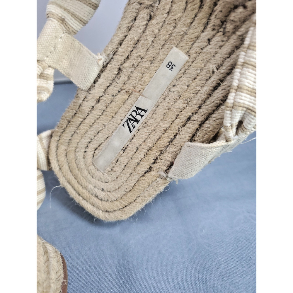 ZARA Striped Espadrille Sandals Women Size 7.5 Lace Up Ankle Tie Flat Jute Boho - Picture 9 of 14